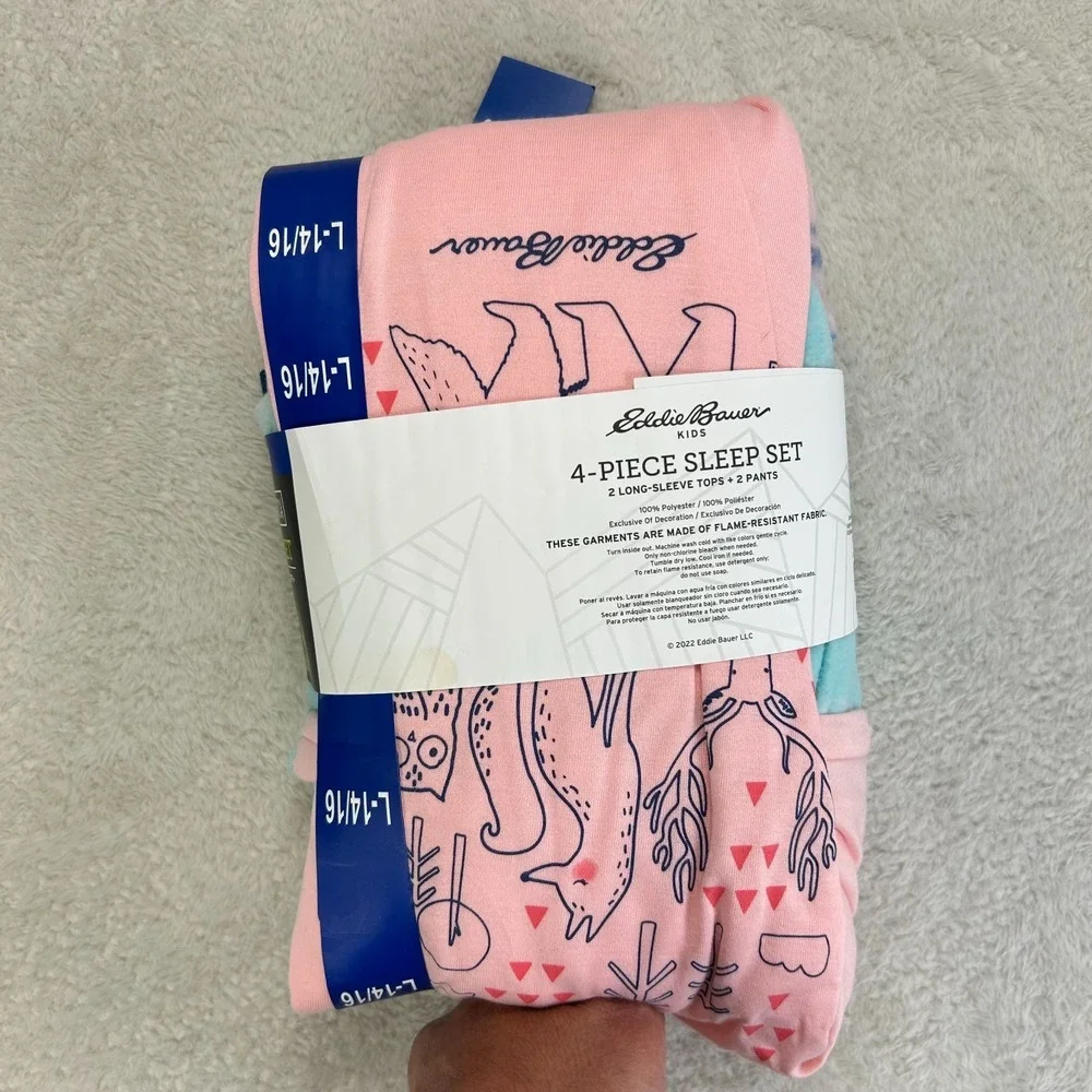 NWT Eddie Bauer Kids Pajama Set Girls L 14/16 Pink Blue Fleece 4 Piece Sleep Set